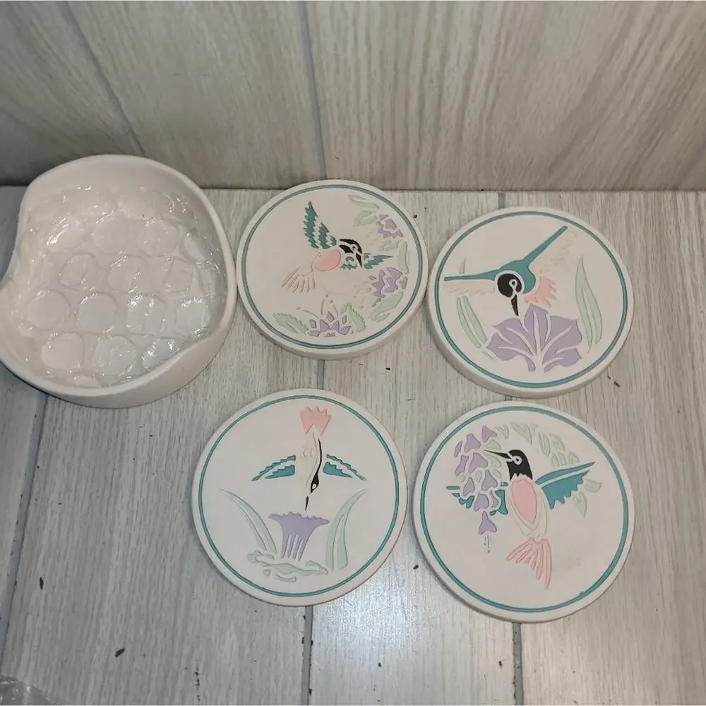 Vtg Southwestern Hummingbird Ceramic Coaster Set Of 4 NWOT Coastal Boho
